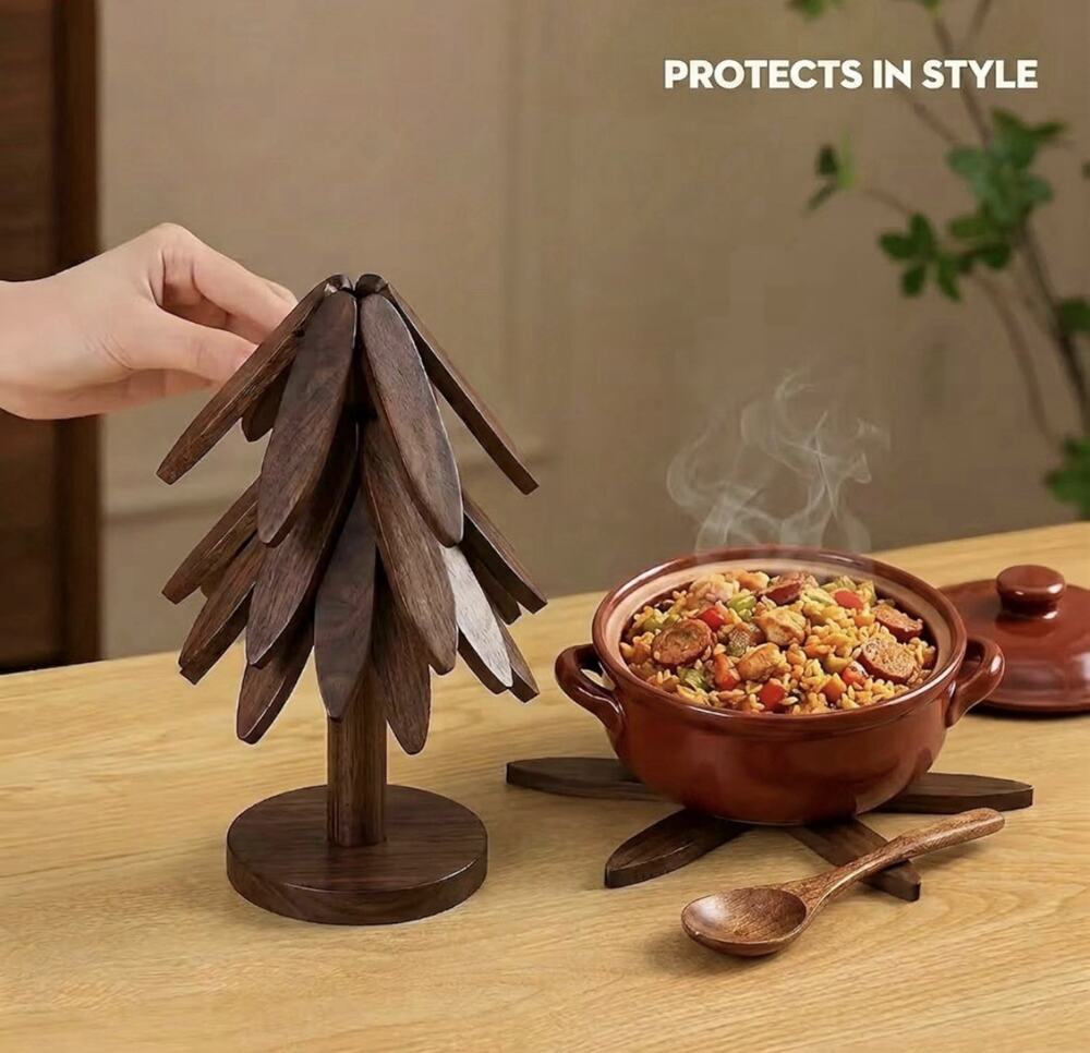 Christmas Tree Trivets, Natural Foldable Walnut Wooden Trivet 4 Trivets 1 Stand